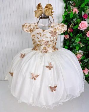 Vestido Vila Lele Jade Off Com Dourado Borboletinhas