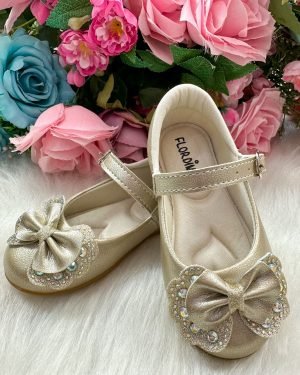 Sapatilha Flor Di MIla Baby Dourado lacinho Strass