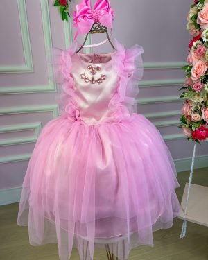 Vestido Miss Sweet Rosa Peito Tule e Pedrarias