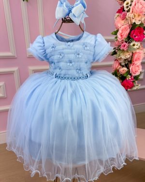 Vestido Menina Bonita Azul Bebe Florzinha Peito Tule