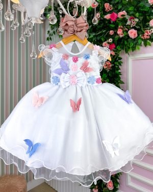 Vestido Marie Branco Jardim Encantado Laço Borboletas Colori