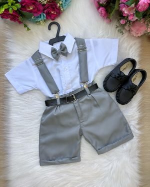 Conjunto Miss Cherry Meninos Social Shorts Ravi Cinza
