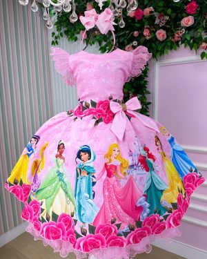 Vestido Tematicos Luxo Princesas Disney Rosa Manga Tule