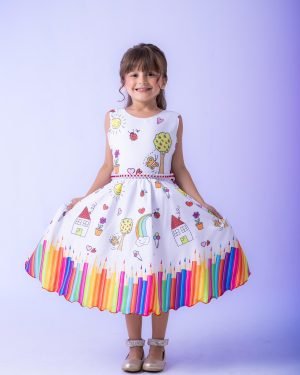 Vestido Marie Lapis Aquarela ABC Branco e Vermelho