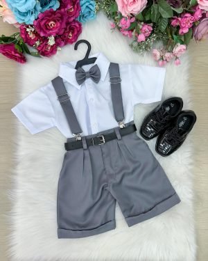 Conjunto Miss Cherry Meninos Social Shorts Ravi Cinza Grafit