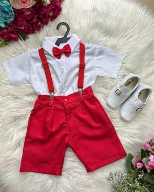 Conjunto Miss Cherry Henry Camisa Branca Suspensório Vermelh
