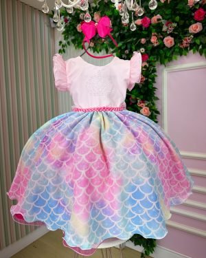 Vestido Ysa Kids Tematico Sereia - Fundo do Mar Rosa