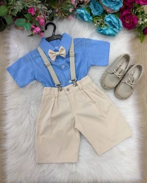 Conjunto Miss Cherry Henry Azul Suspensorio Bege