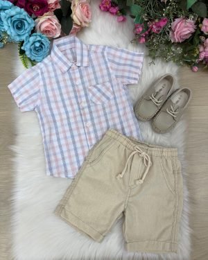 Conjunto Meninos Lucas Banana Club Shorts Linho Camisa Xadre
