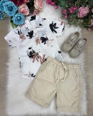 Conjunto Meninos Lucas Banana Club Shorts Linho Camisa Off F