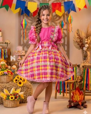 Vestido Junino Salopete Banana Club Luxo Arráia da Fofura