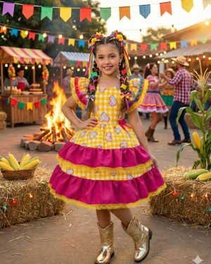 Vestido Junino Banana Club Luxo Coração Junino Amarelo