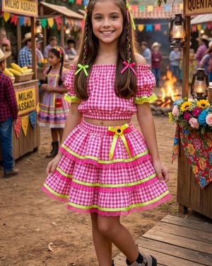 Conjunto Junino Banana Club Luxo Gabriela Xadrez Pink
