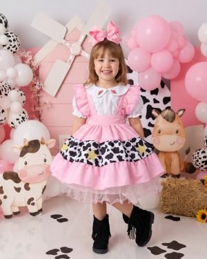 Vestido Temáticos Kids Doce Mimosa Rosa - Fazendinha - Vaquinha