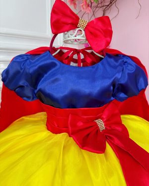 Vestido Fantasia Infantil Branca de Neve Capa e Tiara e Luva