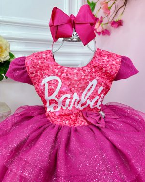 Vestido infantil da Barbie Pink C/ Aplique Laço Saia Glitter