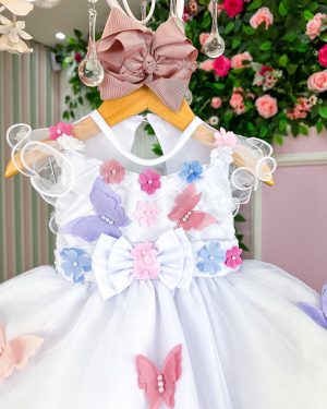 Vestido Marie Branco Jardim Encantado Laço Borboletas Coloridas