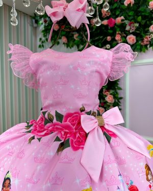 Vestido Tematicos Luxo Princesas Disney Rosa Manga Tule