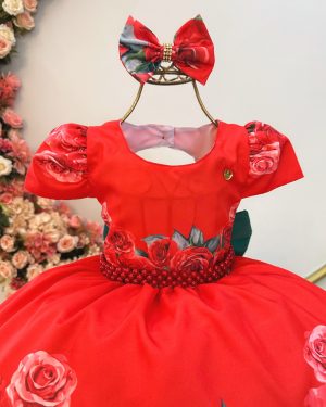 Vestido Infantil Vermelho C/ Rosas e Laço Festas Daminhas