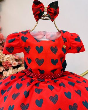 Vestido Infantil Vermelho C/ Corações e Rosas Laço Festas