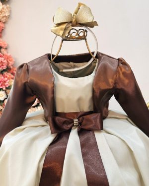 Vestido Infantil Cor Camurça C/ Bolero Cetim Broche de Laço