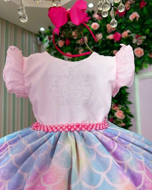Vestido Ysa Kids Tematico Sereia - Fundo do Mar Rosa