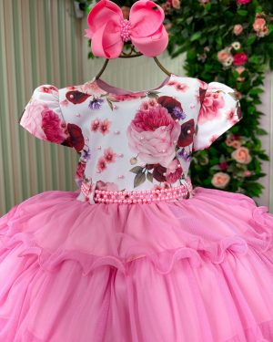 Vestido Menina Bonita Gisele Peito Florido Rosa Chiclete
