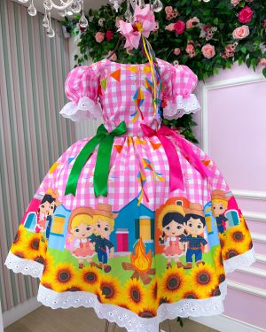 Vestido Marie Junino Luxo Arraia Do Sorriso Rosa