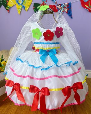 Vestido Infantil Junino Arraiá Festas Noiva C/ Tiara e Véu