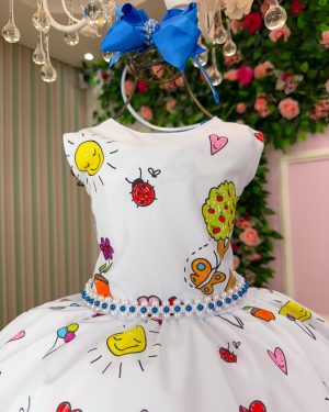 Vestido Marie Lapis Aquarela ABC Branco e Azul Royal