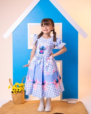 Vestido Junino Tematico Luxo Lilo Stitch Azul Bebe