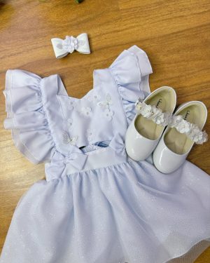 Romper Jardim Encantado Batizado Branco C/ Laço e Saia Glitter