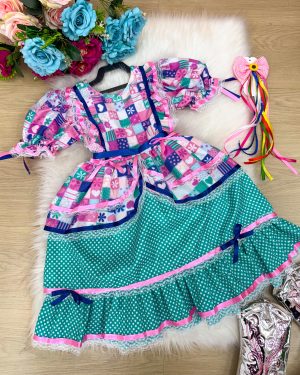 Vestido Bella Child Junino Celebração Caipira Verde Tiffany