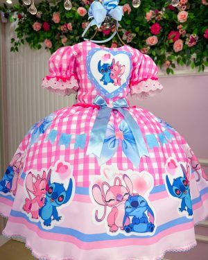 Vestido Junino Tematico Luxo Lilo Stitch Rosa Bebe Modelo 2