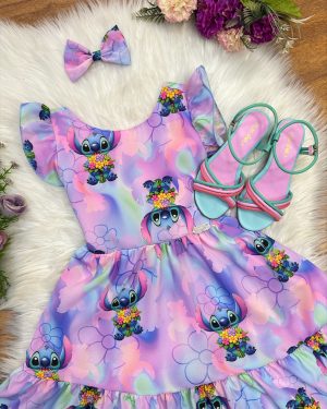 Vestido Infantil Lilo Stitch e Angel C/ Laço Lilás Colorido