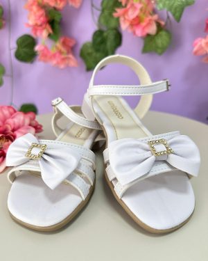 Sandália Infantil de Tiras Branco Com Laço e Strass Luxo
