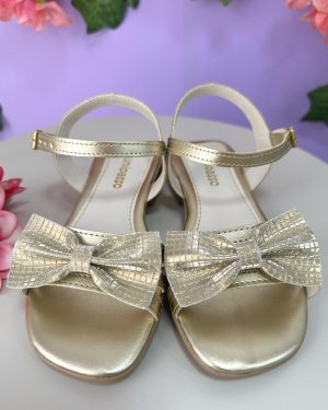 Sandália Infantil de Tiras Dourado Com Laço e Glitter Luxo