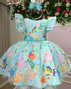 Vestido Tematicos Kids Fundo do Mar - Sereia Ariel Modelo 2 Tiffany