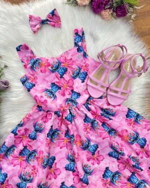Vestido Infantil Lilo Stitch e Angel C/ Laço Rosa Colorido