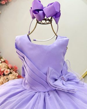 Vestido Infantil Lilás Busto Drapeado Aplique Laço Damas