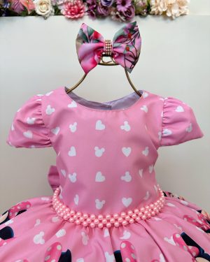 Vestido Infantil Rosa Minnie Florido Com Laço Festas