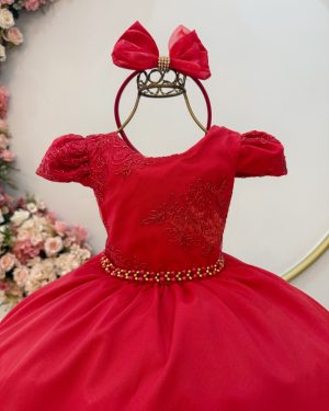 Vestido Infantil Vermelho Renda Metalizada C/ Tiara Daminhas