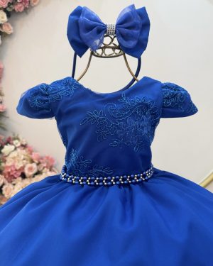 Vestido Infantil Azul Royal Renda Metalizada C/ Tiara Daminhas