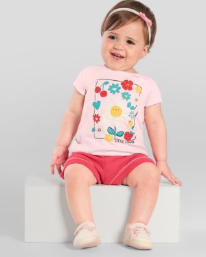 Conjunto bebê menina de Blusa Meia Malha estampa flores / Shorts Moletinho BRANDILI - P ao G
