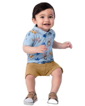 Conjunto bebê menino Camisa social em Meia Malha e Bermuda Moletinho Brandili estampa bichinhos ou fundo do mar