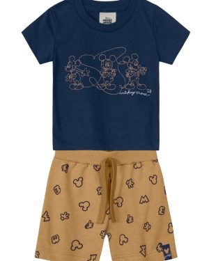 Conjunto bebê menino Disney Mickey Mouse de Camiseta Meia Malha alto relevo Bermuda Moletinho licenciado - tamanho P M G