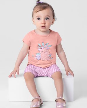 Conjunto Infantil Feminino Blusa Meia Malha e Bermuda Ciclista Cotton Brandili
