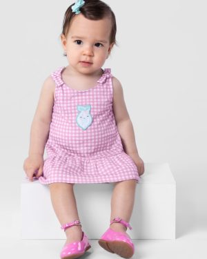 Vestido Bebê menina Meia Malha estampa quadridiculado com moranguinho