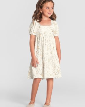 Vestido Infantil em Cotton com detalhes dourado Mundi