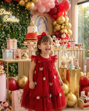Vestido Vila Lele Jardim das Borboletas Baby Liz Vermelho